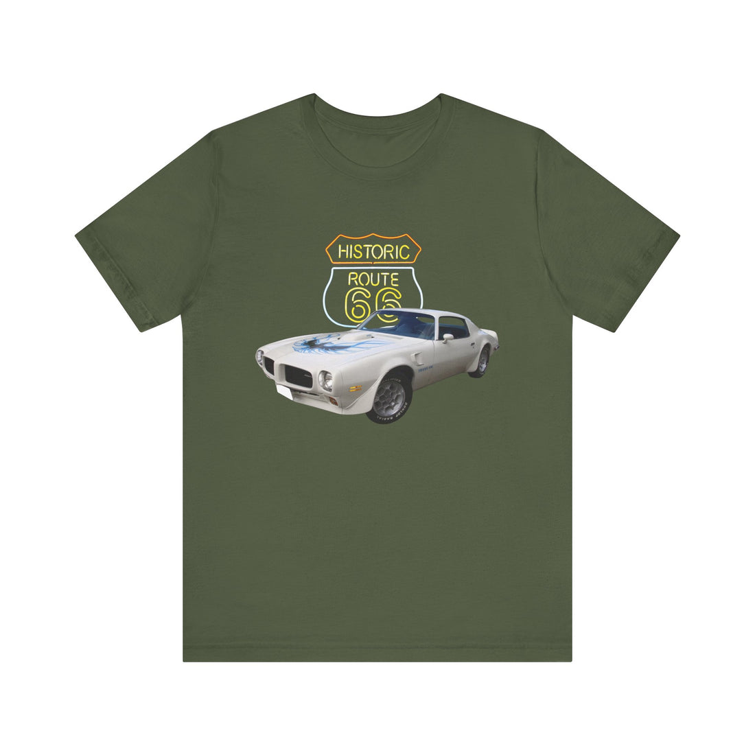 1973 Pontiac Firebird Trans AM in our Route 66 in the dark series Short Sleeve T-Shirt