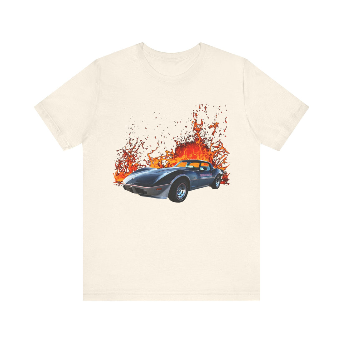 1978 Chevy Corvette Pace Car lava series short sleeve T-shirt with fiery car design.