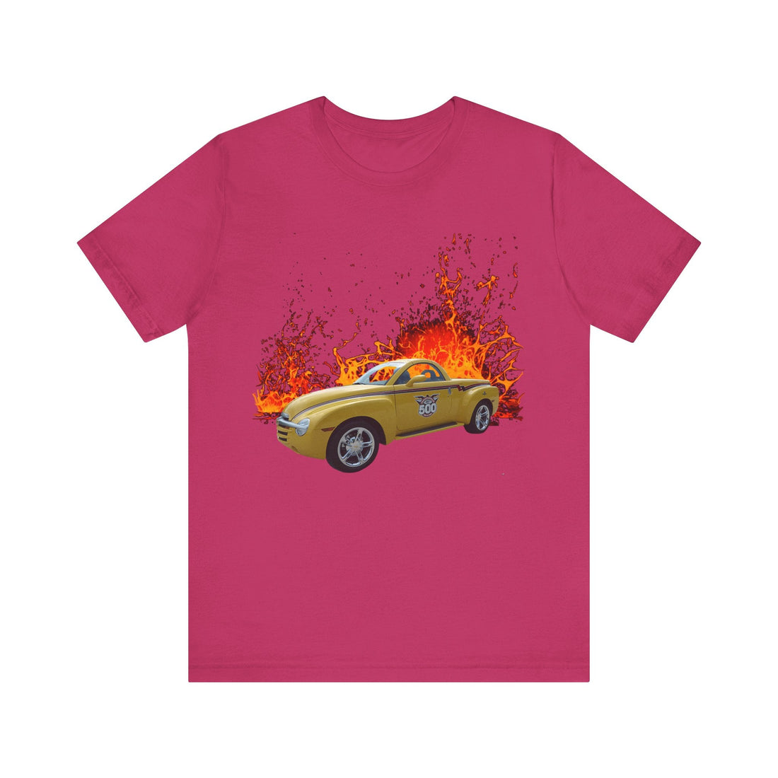 2005 SSR in our lava series short sleeve tee, featuring a yellow car graphic against a fiery backdrop on a black, lightweight cotton shirt.