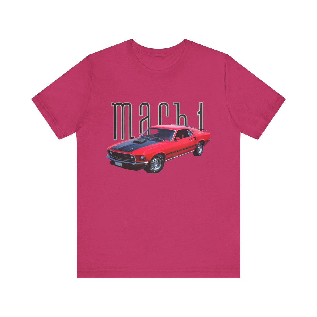 1969 Mustang Mach 1 Short Sleeve Tee with red car graphic on navy shirt.