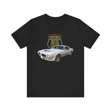 1973 Pontiac Firebird Trans AM in our Route 66 in the dark series Short Sleeve T-Shirt