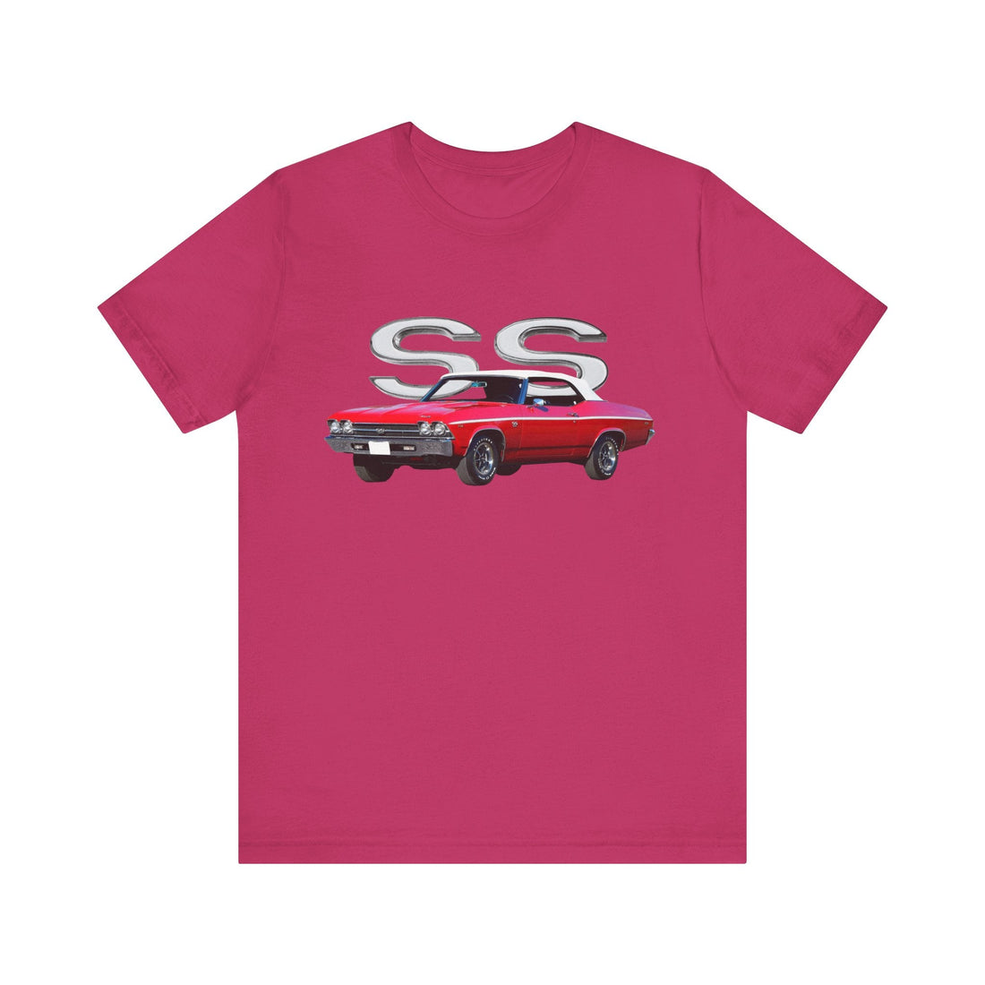 1969 Chevy Chevelle SS Short Sleeve Tee with red car graphic and SS logo, soft cotton fabric.