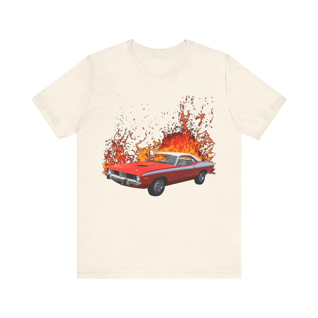 1974 Plymouth Barracuda lava series short sleeve tee featuring classic red car design.