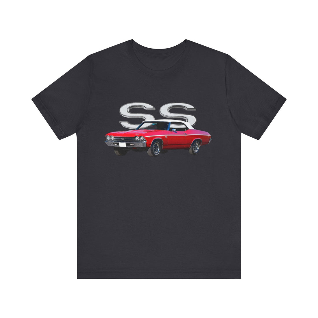 1969 Chevy Chevelle SS Short Sleeve Tee with red car graphic and SS logo, soft cotton fabric.