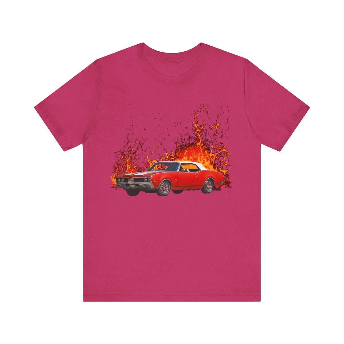 1969 Olds Cutlass 442 lava series short sleeve tee with fiery car graphic.
