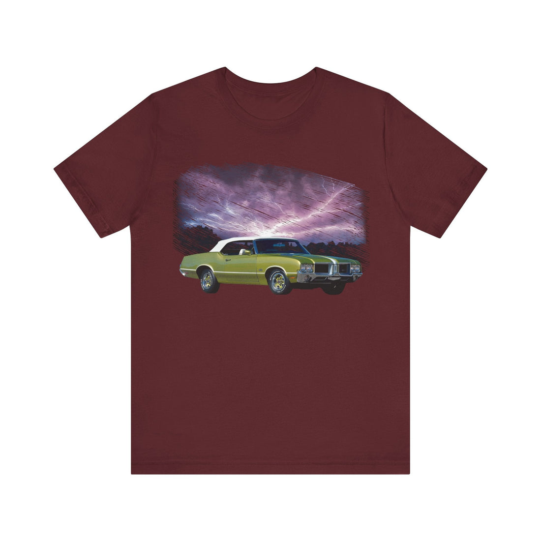 1971 Olds Cutlass 442 lightning series short sleeve green tee with car design.
