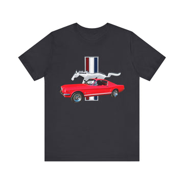 1966 Ford Mustang Fastback Short Sleeve Tee with red car graphic on black background.