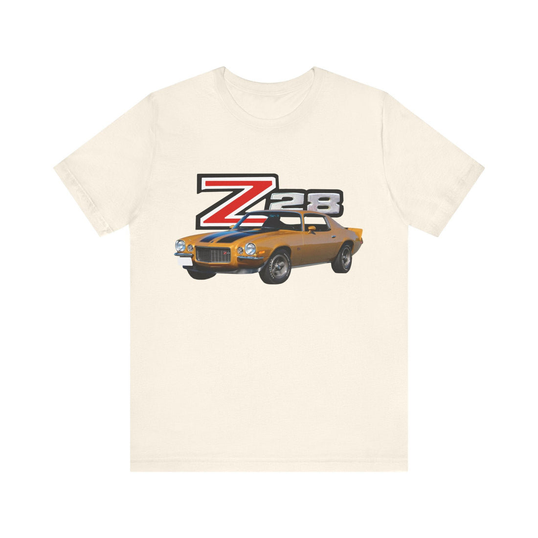 1970 Chevy Camaro Z28 Short Sleeve Tee with vintage car graphic on black Bella + Canvas shirt.