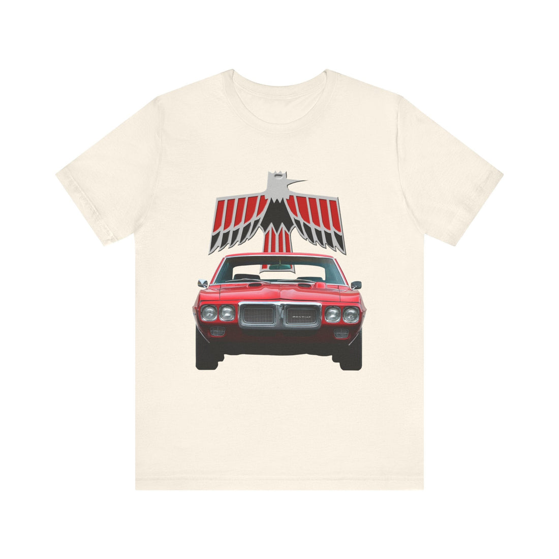 1969 Pontiac Firebird Short Sleeve T-Shirt with red car design and logo, soft cotton.