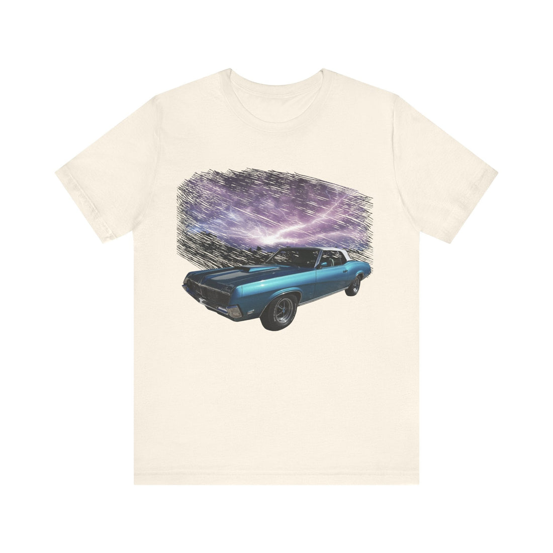 1969 Mercury Cougar lightning series short sleeve tee featuring blue car design on black shirt.