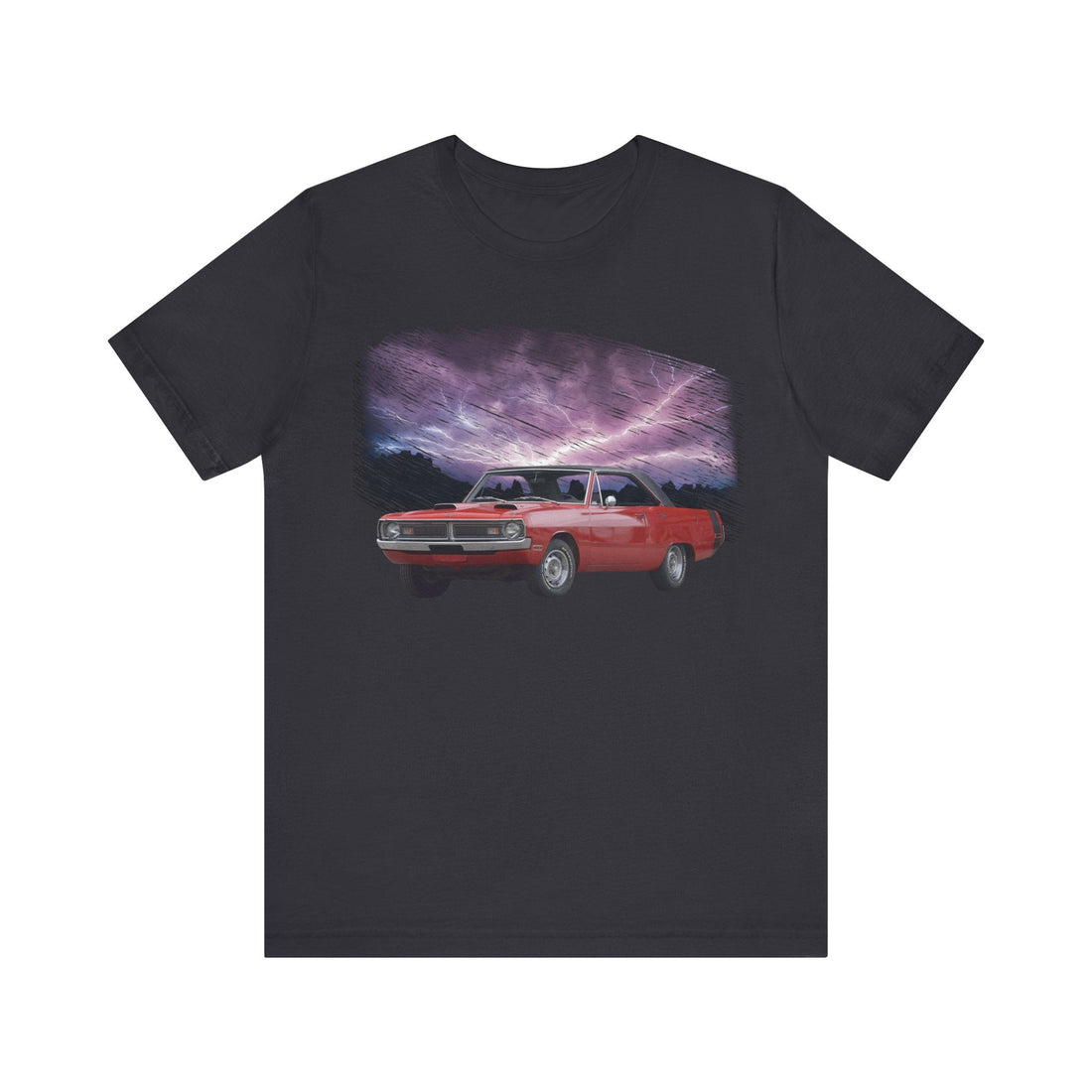 1970 Dart Swinger lightning series short sleeve tee in black with car graphic.