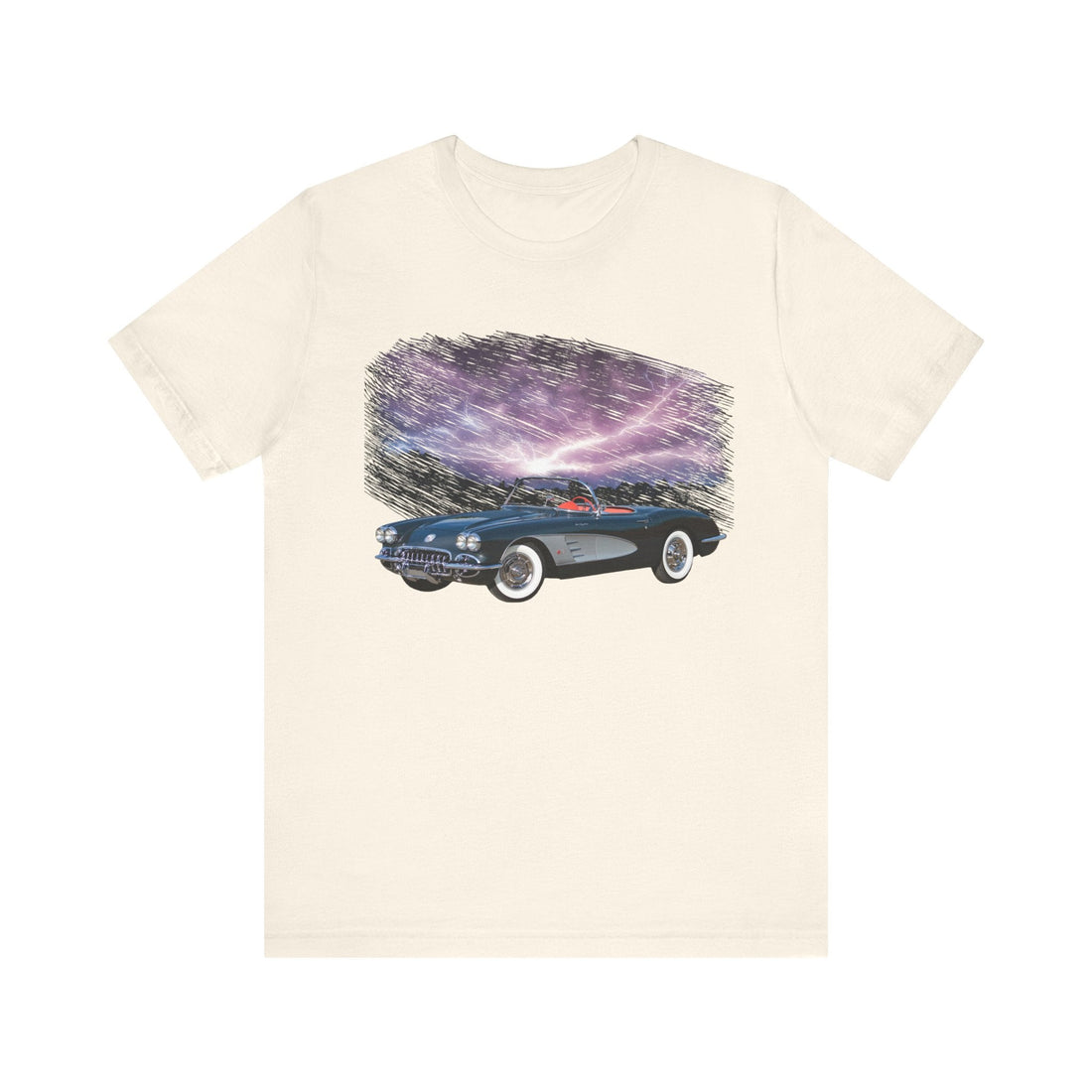 1958 Chevy Corvette in our lightning series short sleeve tee with classic car design.
