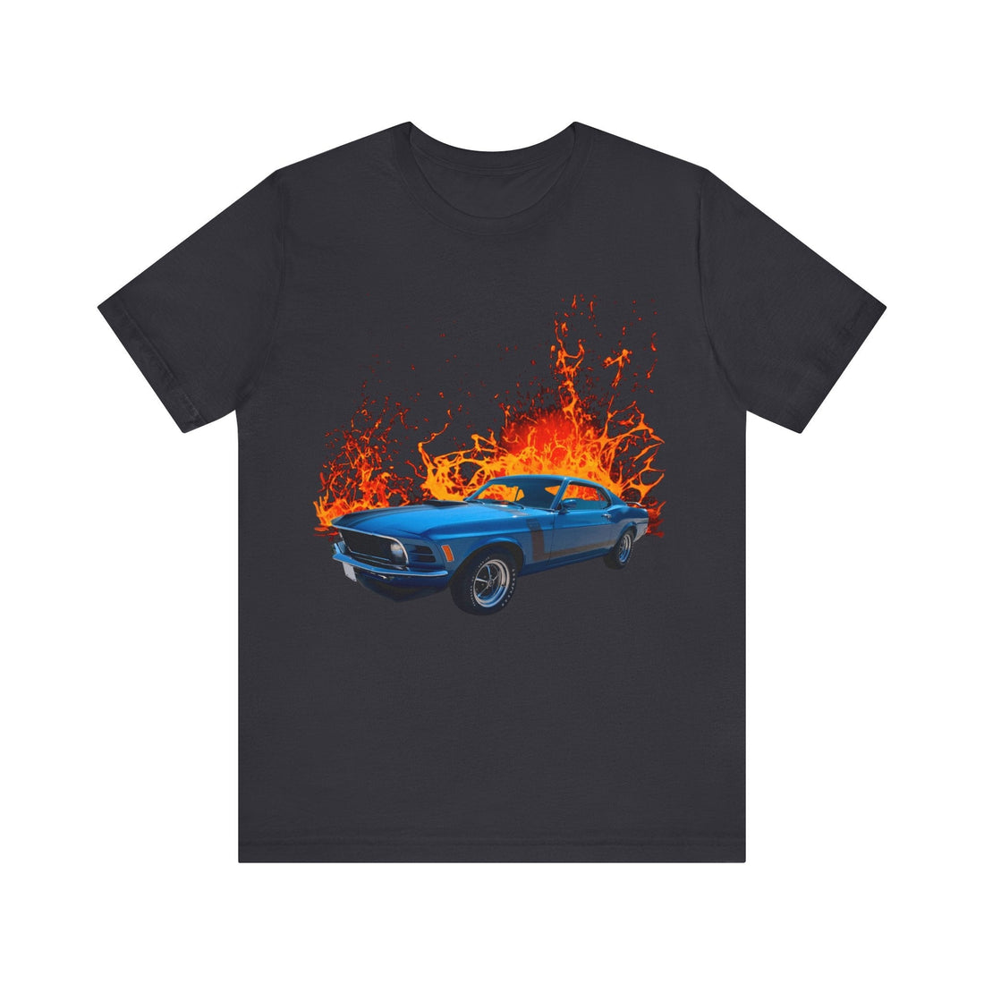1970 Ford Boss Mustang lava series short sleeve t-shirt with fiery graphic.