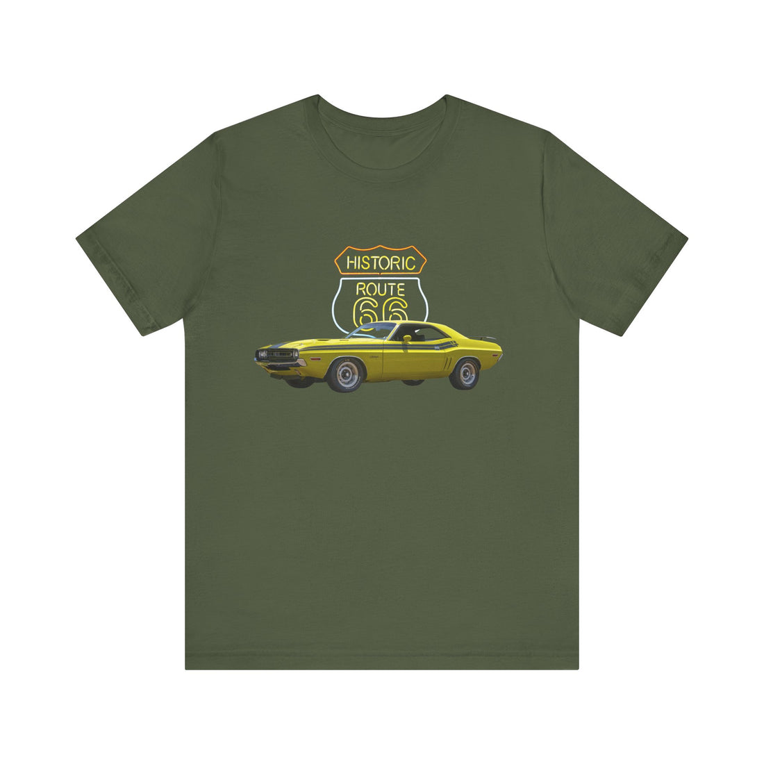 1971 Dodge Challenger in our Route 66 in the dark series Short Sleeve T-Shirt
