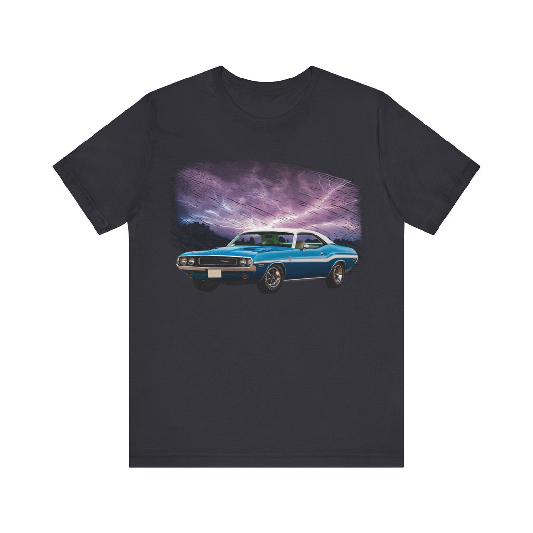 1970 Challenger RT lightning series short sleeve tee with classic car graphic on front.