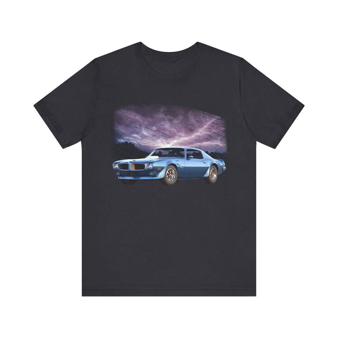 1970 Pontiac Trans AM lightning series short sleeve tee with blue car graphic design.