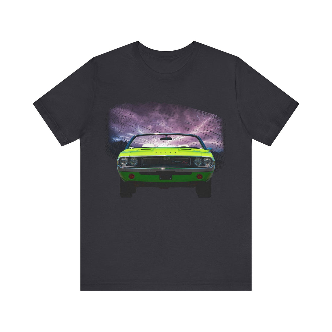 1970 Challenger lightning series short sleeve tee with green car graphic.