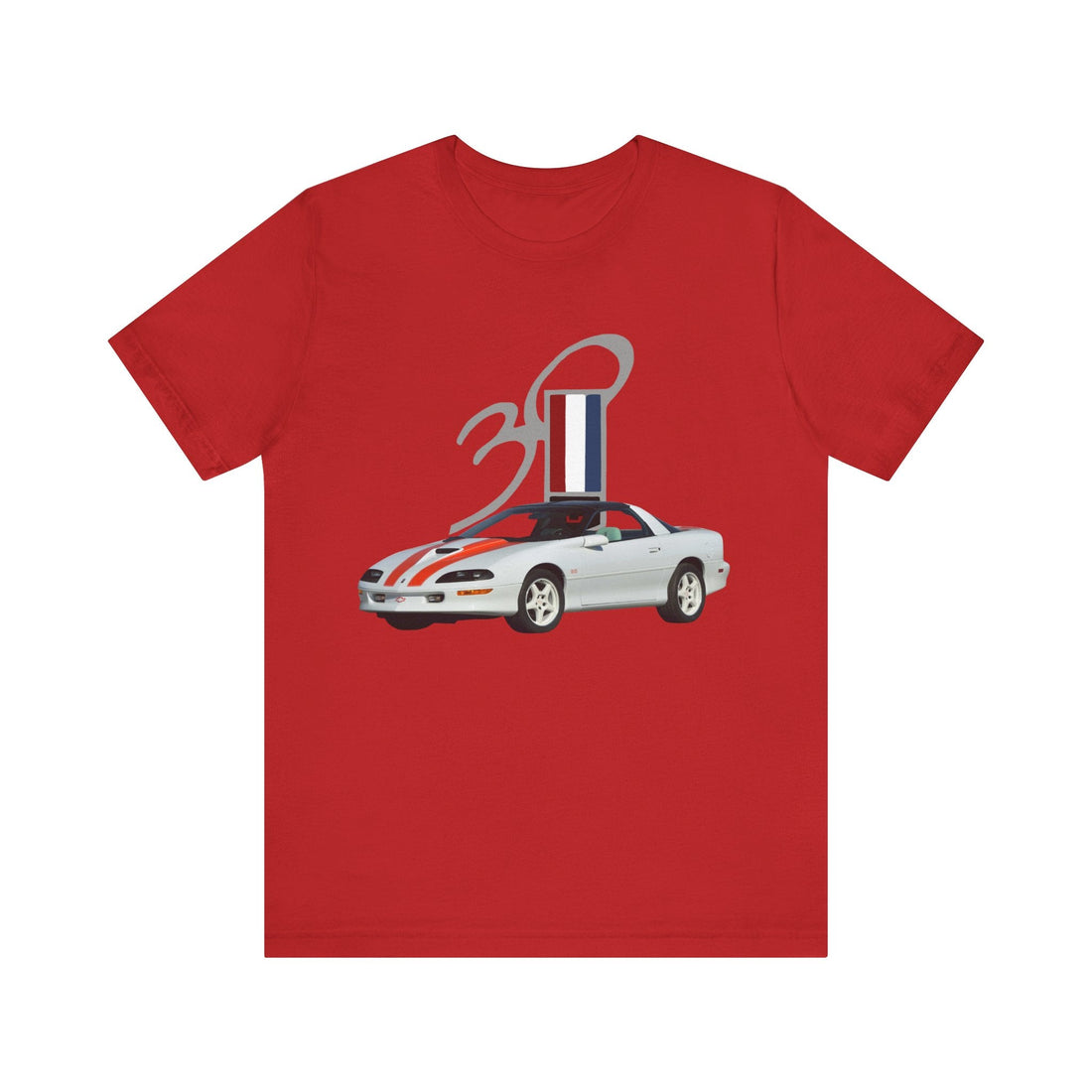 30th Anniversary Camaro Short Sleeve Tee, red design, featuring classic car graphic.