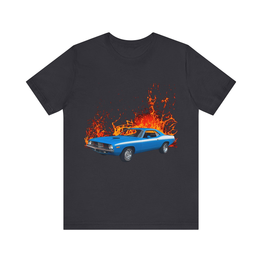 1974 Plymouth Barracuda lava series short sleeve tee with blue car and flame design.