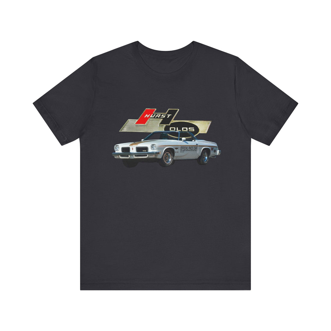 1974 Hurst Olds Pace Car Short Sleeve Tee with vintage car graphic.