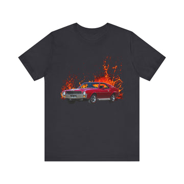 1969 AMX in lava series short sleeve tee with vibrant car design, lightweight cotton fabric.