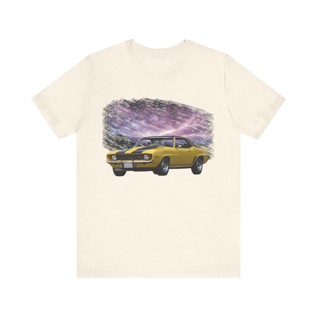 1969 Camaro Z28 lightning series short sleeve tee with yellow car graphic on black fabric.