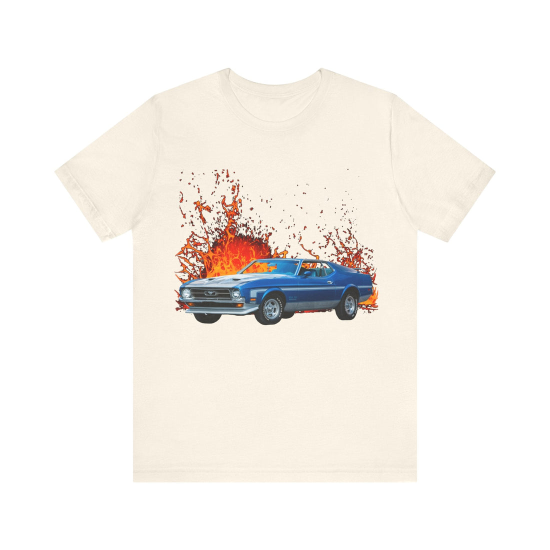1973 Mustang Mach 1 lava series short sleeve tee with blue car graphic.
