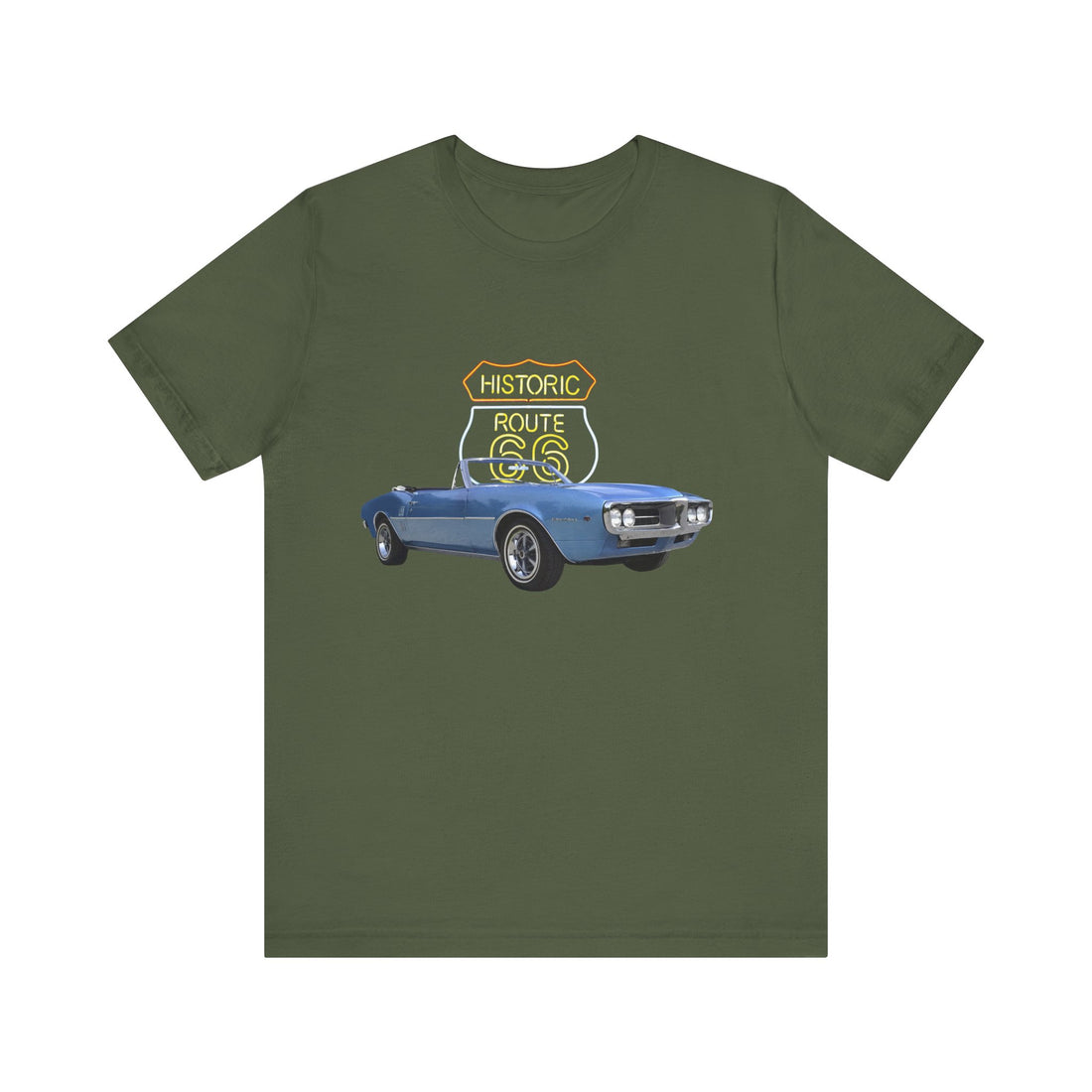 1967 Pontiac Firebird in our Route 66 in the dark series Short Sleeve T-Shirt