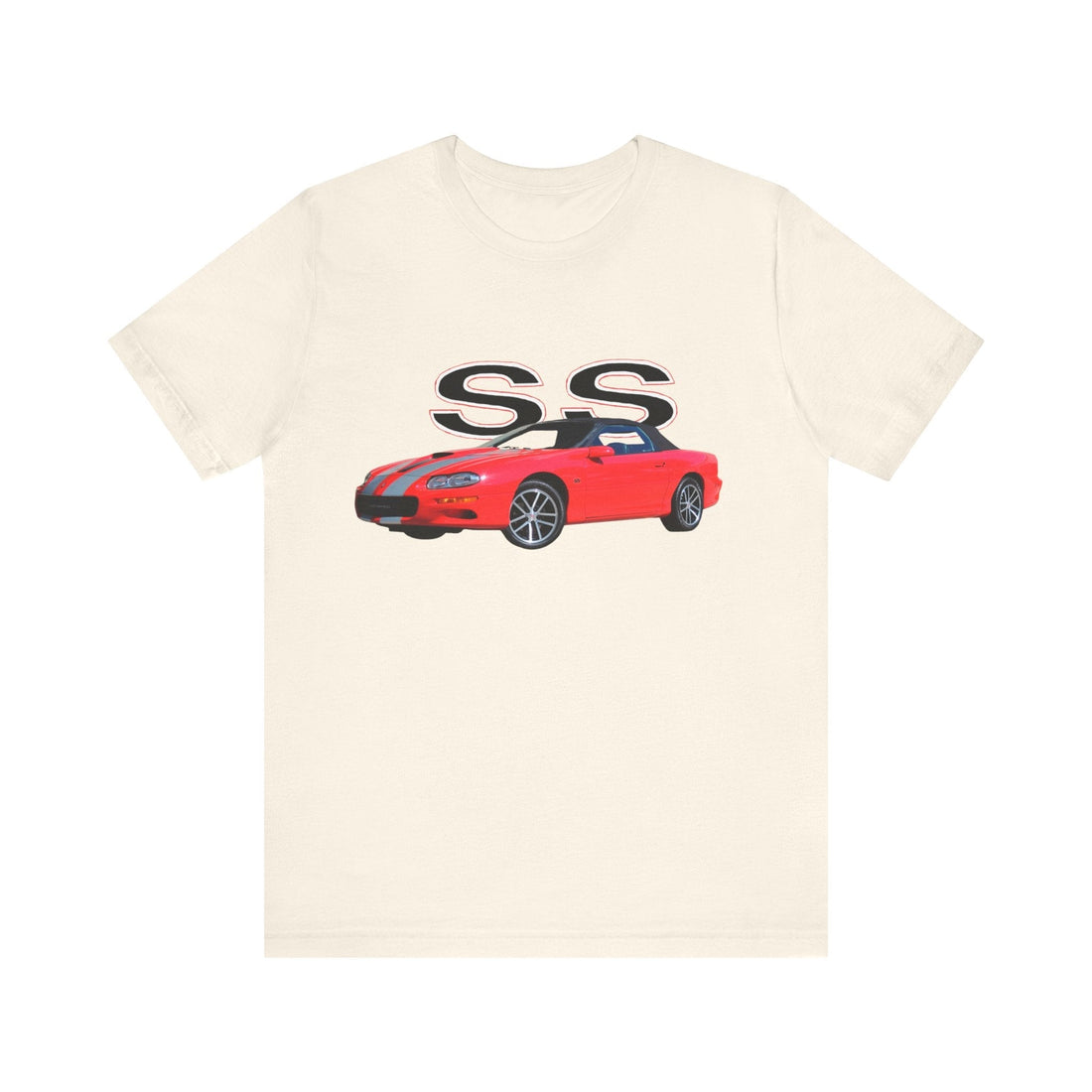2002 35th Anniversary Camaro SS Short Sleeve Tee with red car graphic, soft cotton fabric.