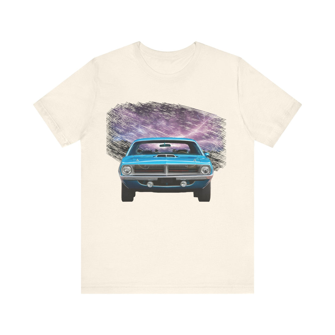 1970 Barracuda lightning series short sleeve tee with vintage car design.