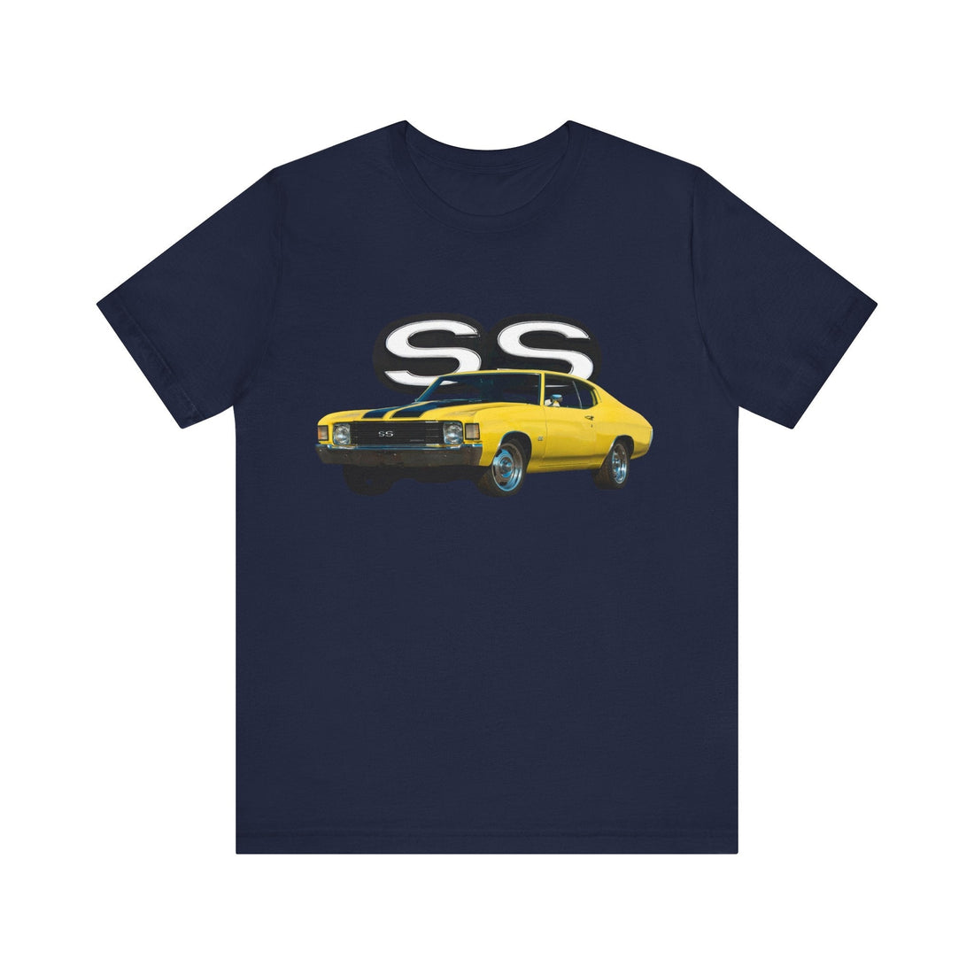 1972 Chevelle SS Short Sleeve Tee featuring vintage car design in yellow.