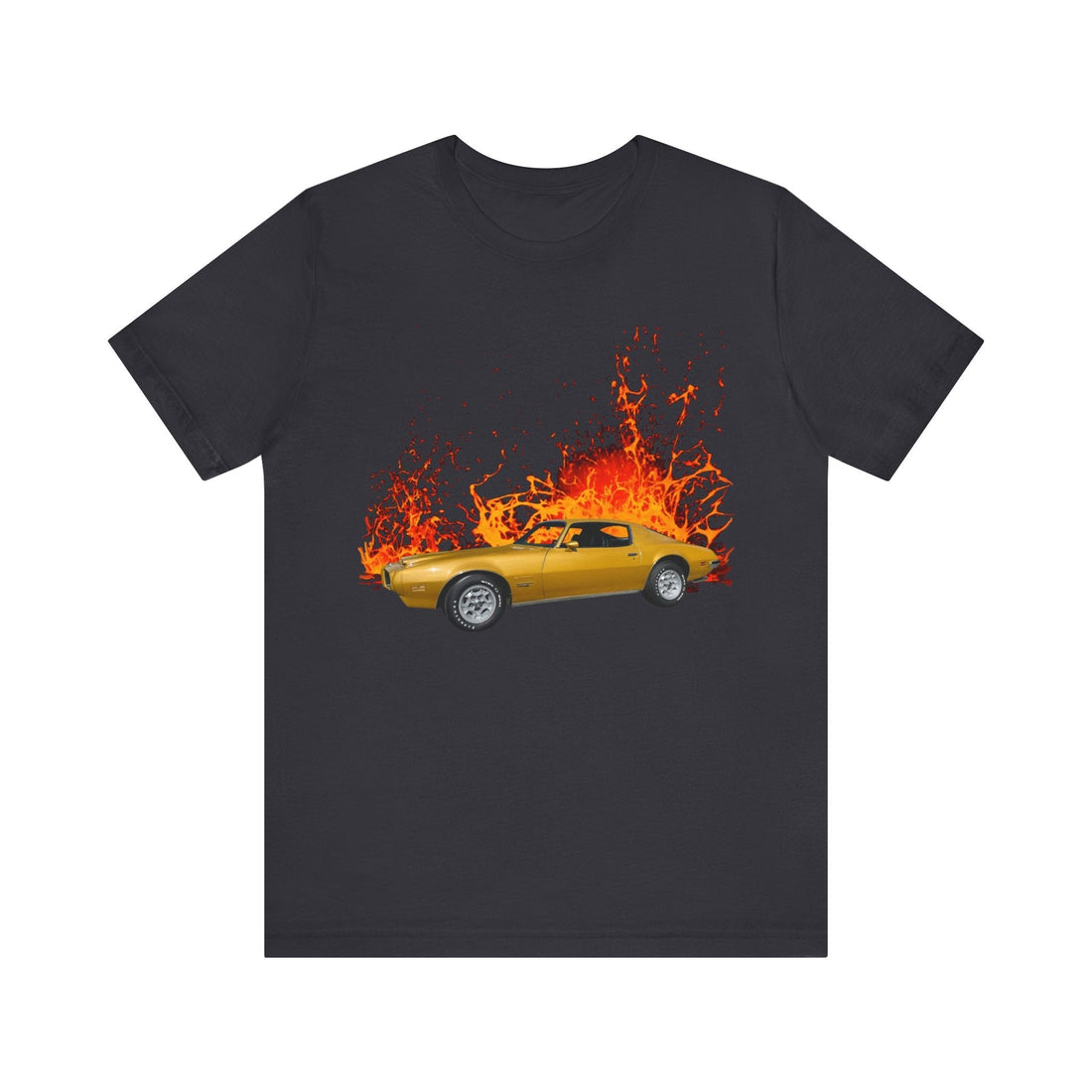 1971 Pontiac Formula Firebird lava series short sleeve tee with fiery design.