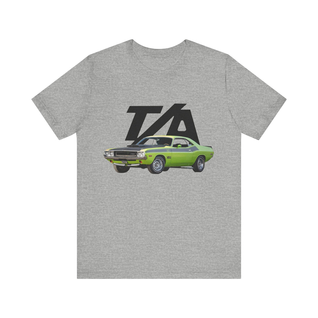 1970 Dodge Challenger TA short sleeve tee with classic car graphic design.