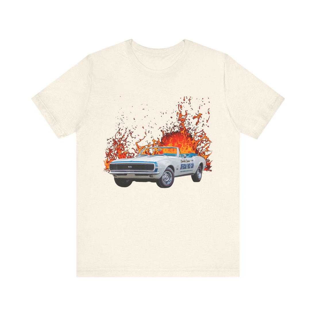 1967 Camaro Pace Car lava series short sleeve tee with fiery car graphic.