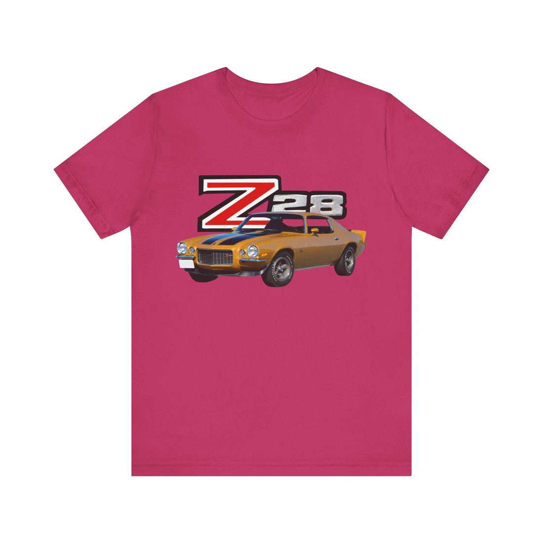 1970 Chevy Camaro Z28 Short Sleeve Tee with vintage car graphic on black Bella + Canvas shirt.
