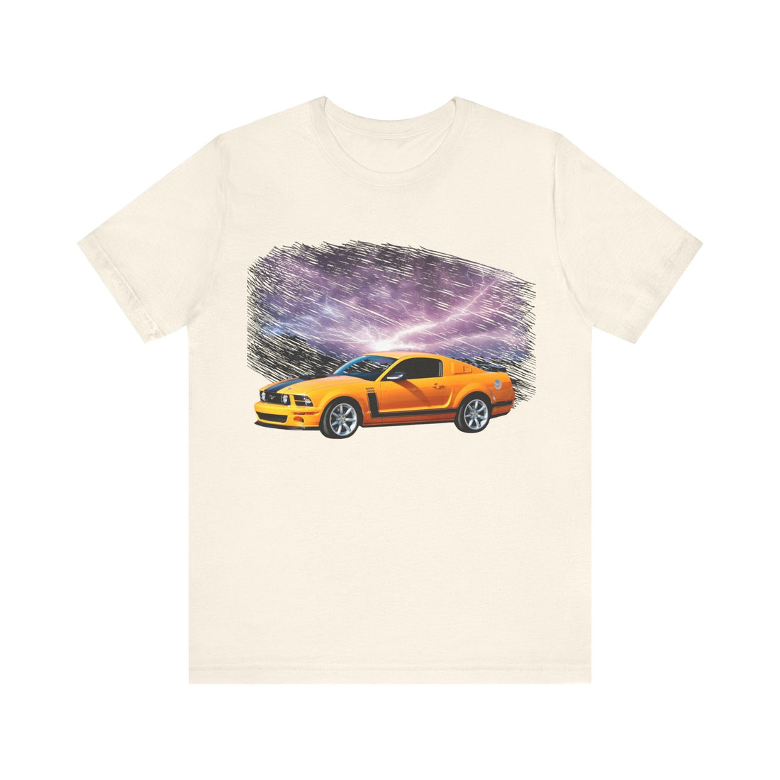 2007 Mustang 302 lightning series short sleeve tee featuring a bold car graphic on black fabric.