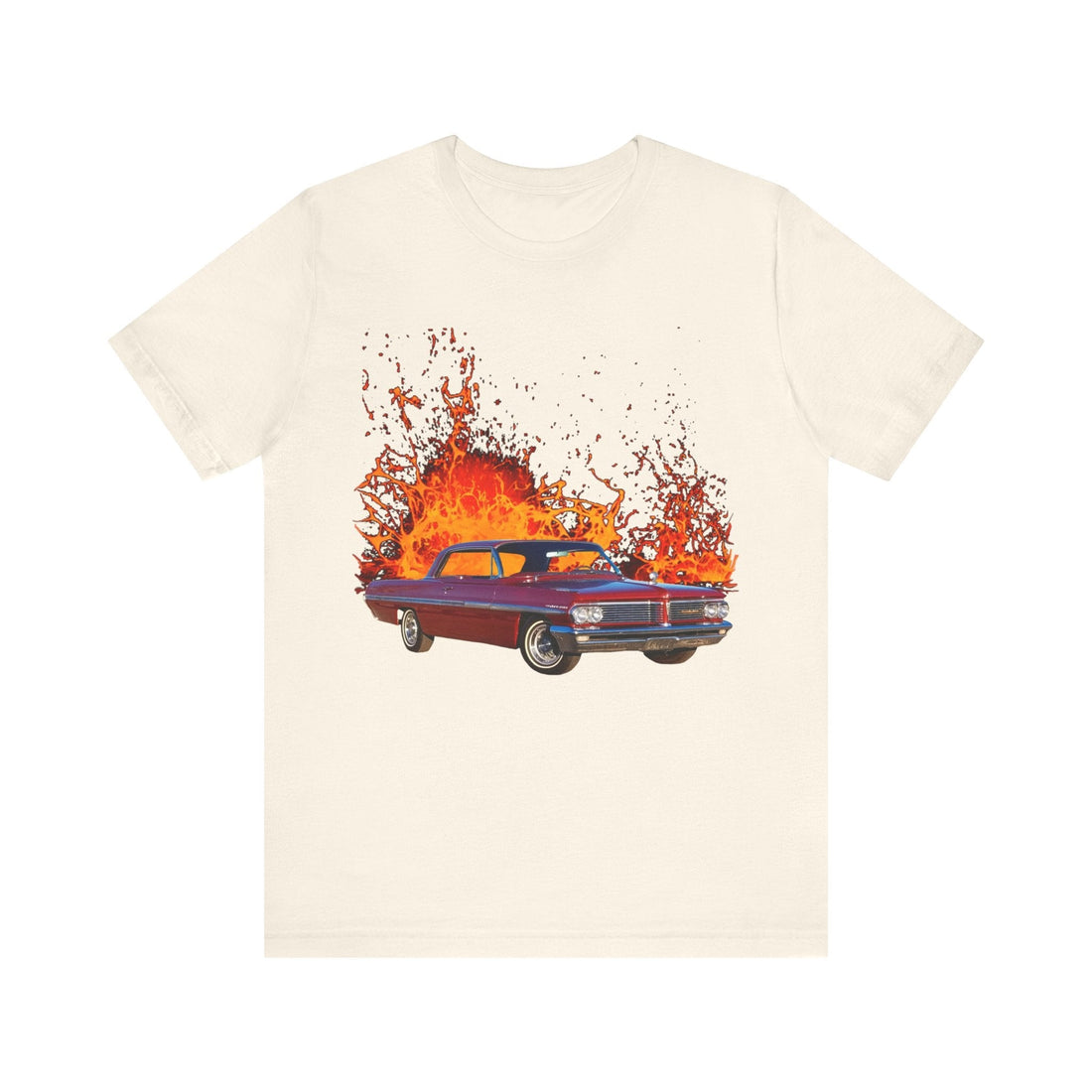1962 Pontiac Bonneville lava series short sleeve tee with fiery design.