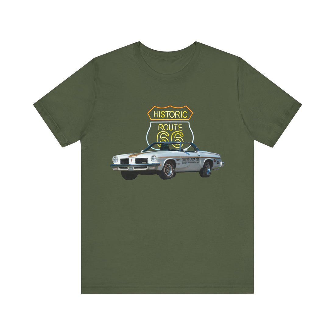 1974 Hurst Olds Pace car in our Route 66 in the dark series Short Sleeve T-Shirt