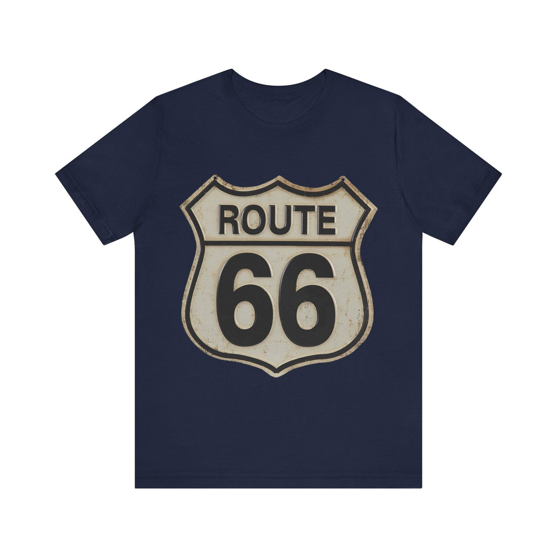 Distressed Route 66 sign short sleeve tee in navy blue with vintage design.