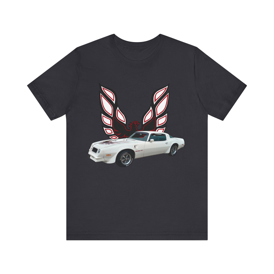1976 Pontiac Firebird Trans AM short sleeve tee in navy featuring car graphic design.
