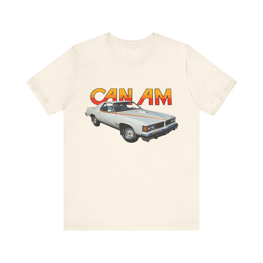 1977 Pontiac Can AM Short Sleeve Tee featuring classic car design on black cotton fabric.