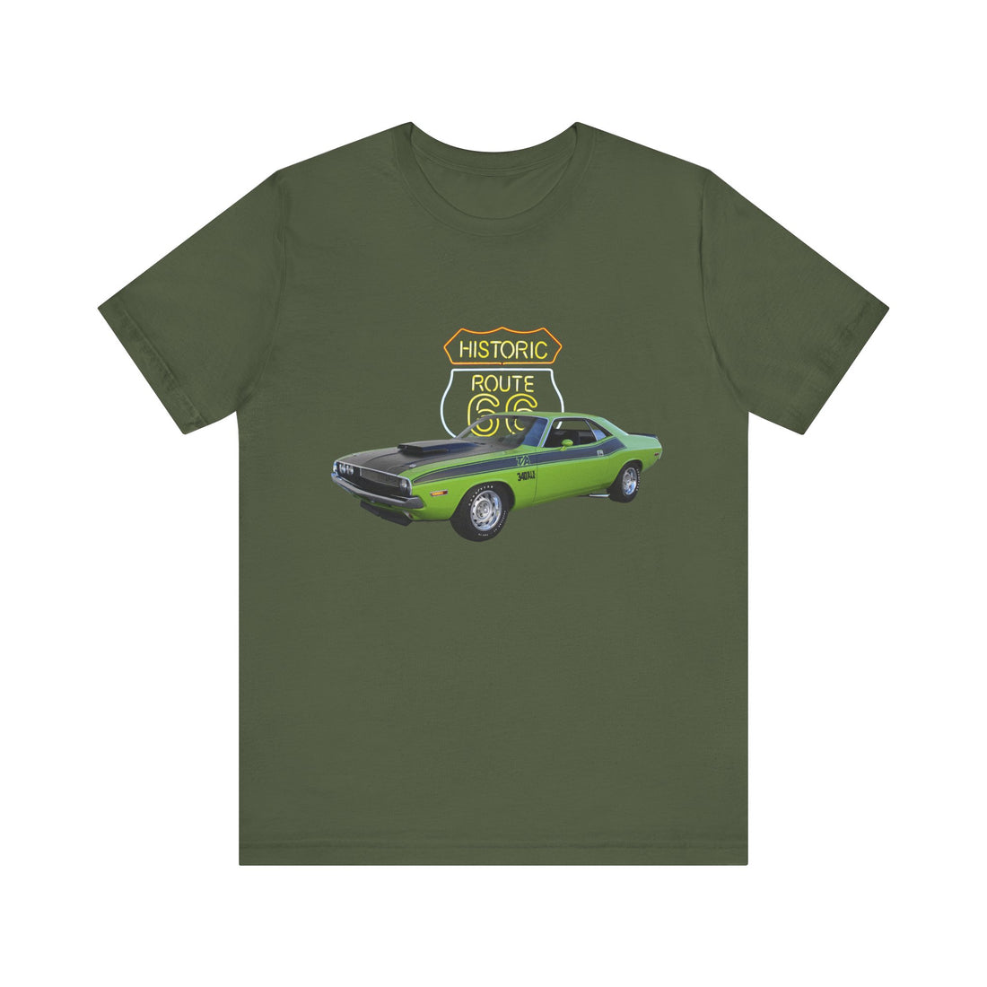 1970 Plymouth Dodge Challenger TA in our Route 66 in the dark series Short Sleeve T-Shirt