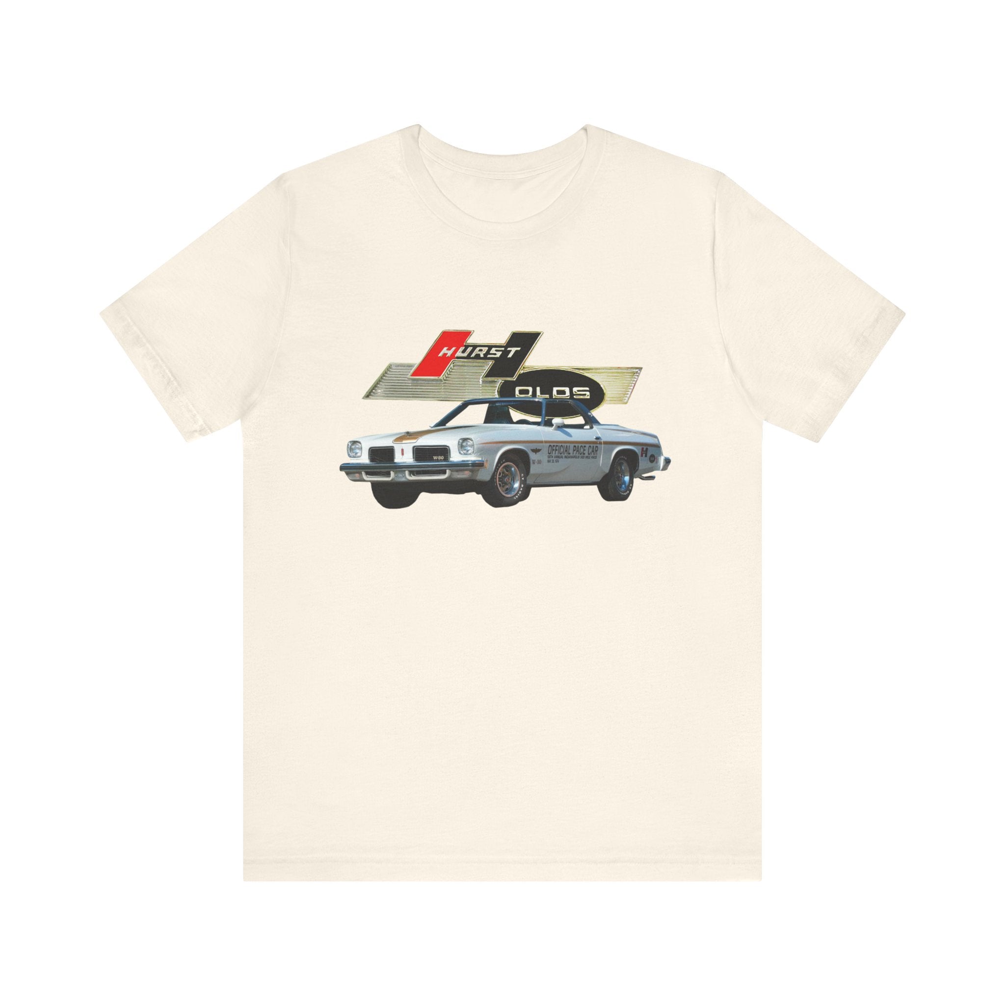 1974 Hurst Olds Pace Car Short Sleeve Tee with vintage car graphic.