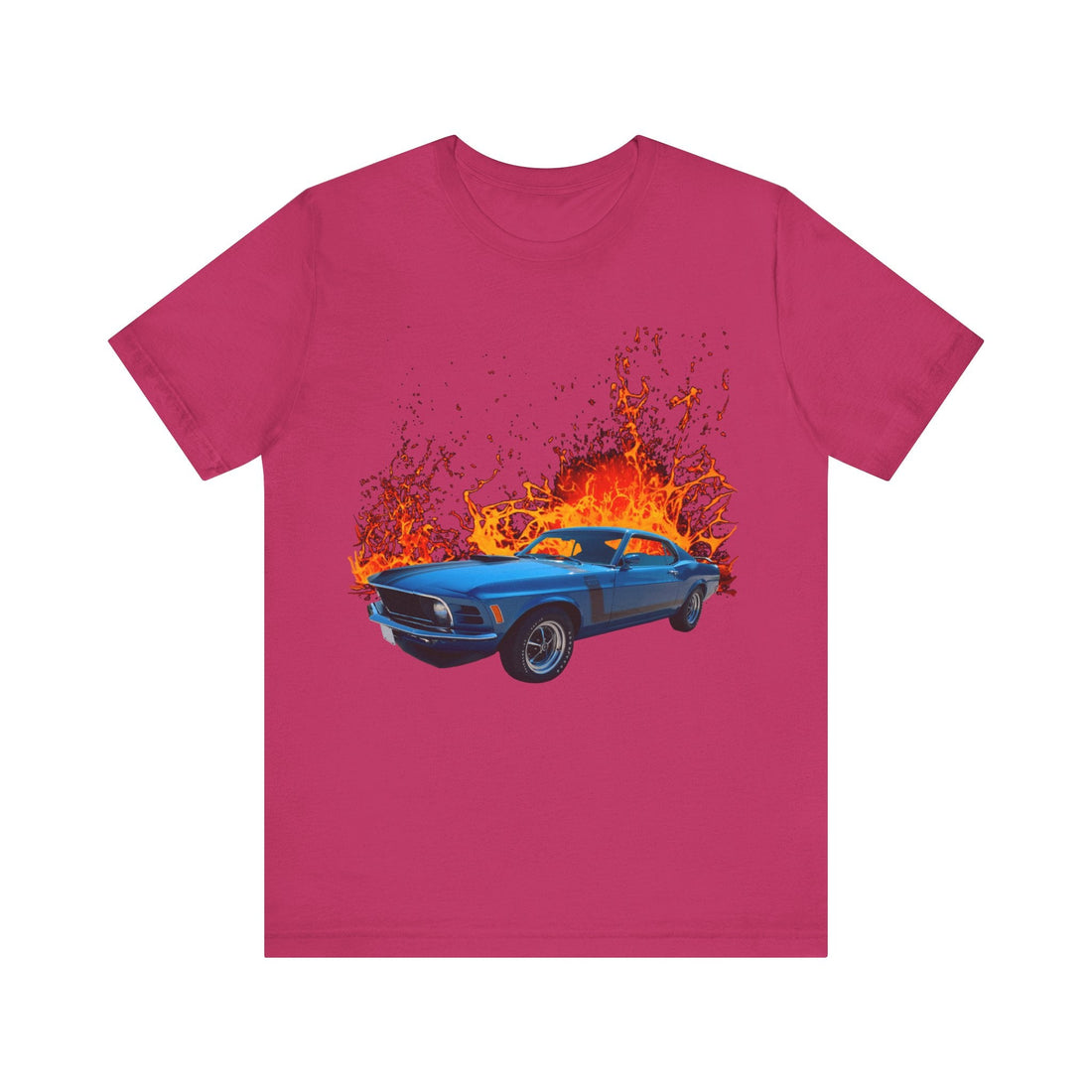 1970 Ford Boss Mustang lava series short sleeve t-shirt with fiery graphic.
