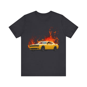 2017 Dodge Challenger Hellcat lava series short sleeve tee with fiery design.
