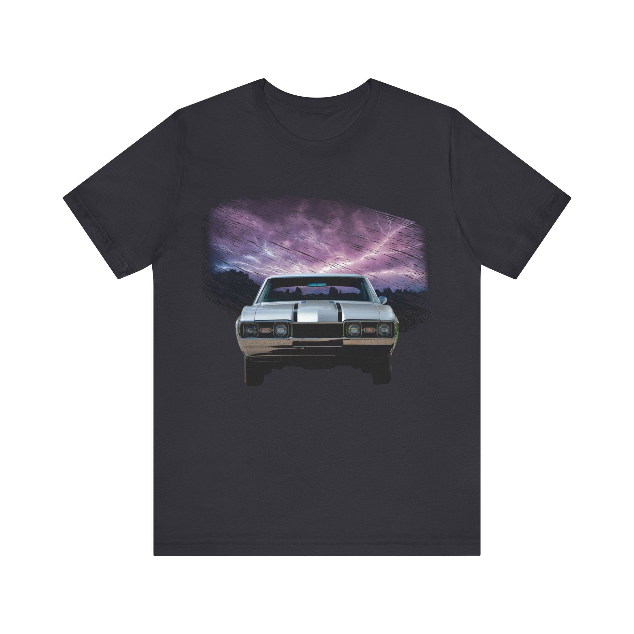1968 Hurst Olds Cutlass 442 Lightning Series Short Sleeve Tee featuring a classic car design.