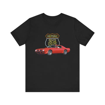 1974 Pontiac Firebird Trans AM in our Route 66 in the dark series Short Sleeve T-Shirt