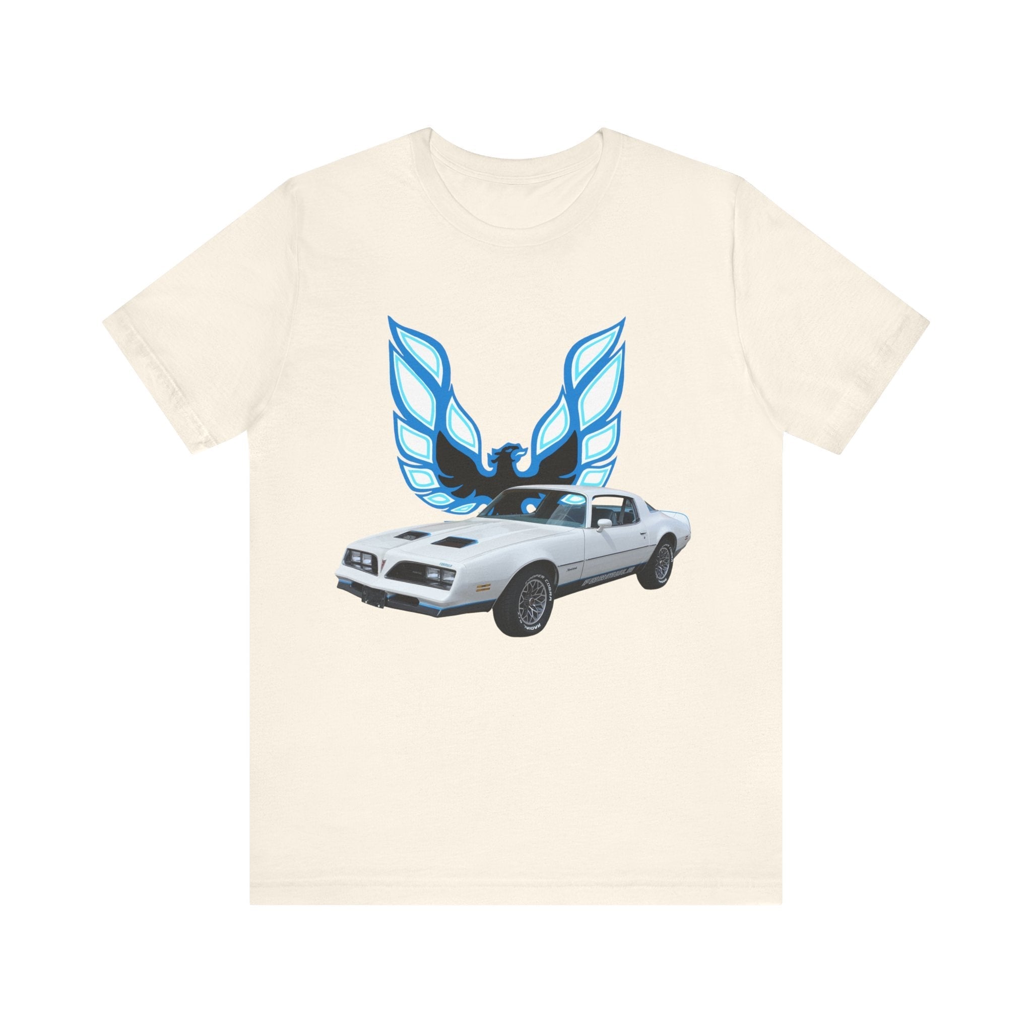 1977 Pontiac Formula Firebird short sleeve tee with blue car graphic design.