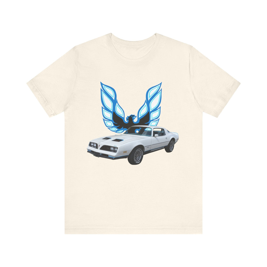 1977 Pontiac Formula Firebird short sleeve tee with blue car graphic design.
