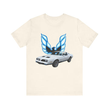 1977 Pontiac Formula Firebird short sleeve tee with blue car graphic design.